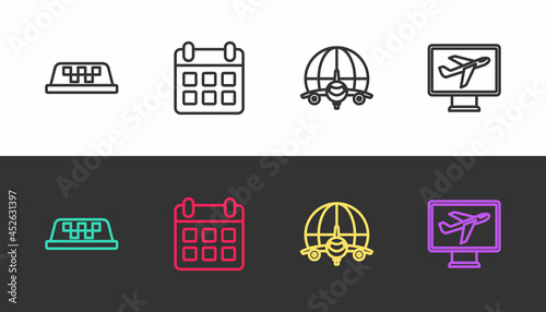 Set line Taxi car roof, Calendar and airplane, Globe with flying and Plane on black and white. Vector