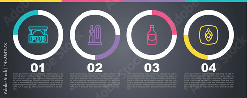 Set line Street signboard with Pub, Beer tap glass, bottle and Hop. Business infographic template. Vector