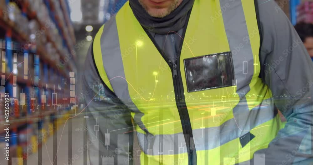 Animation of data processing over man working in warehouse Animation of data processing over man working in warehouse