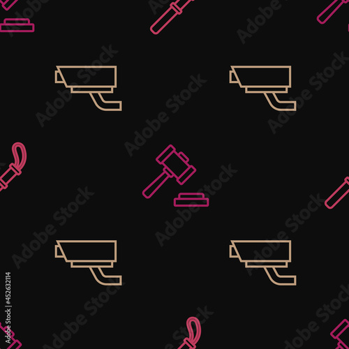 Set line Police rubber baton, Security camera and Judge gavel on seamless pattern. Vector