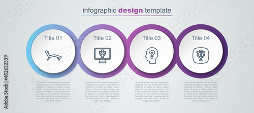Set line Armchair, Psychologist online, Head with question mark and Psychology, Psi. Business infographic template. Vector