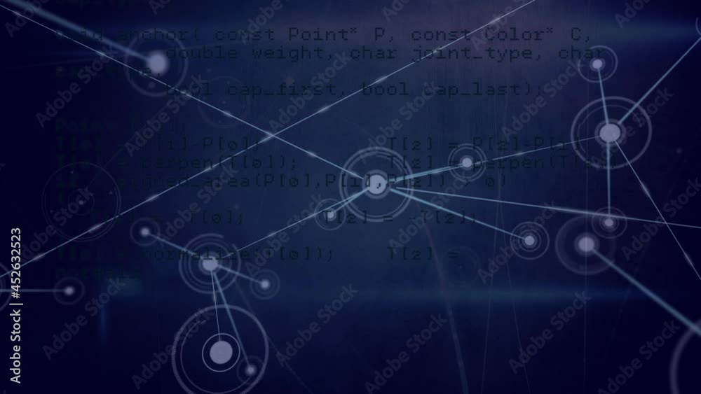 Animation of networks of connections and data processing over black background Animation of networks of connections and data processing over black background