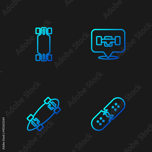 Set line Broken skateboard deck, Longboard or, and Skateboard wheel. Gradient color icons. Vector