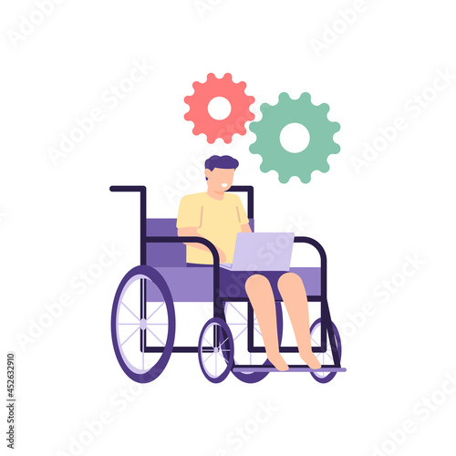 illustration of a man working using a laptop and sitting in a wheelchair. disabled workers, casual workers, working from home. persons with disabilities. flat cartoon style. vector design