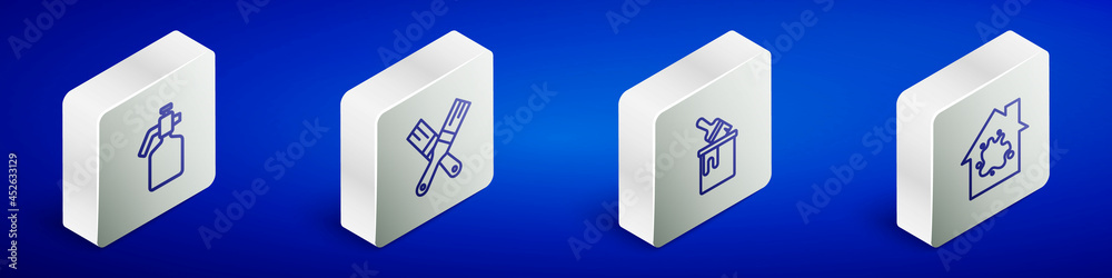 Set Isometric line Paint spray gun, brush, bucket with and Painting the house icon. Vector