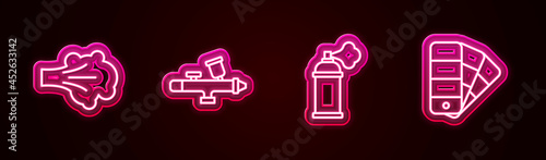 Set line Paint spray, gun, can and Color palette guide. Glowing neon icon. Vector