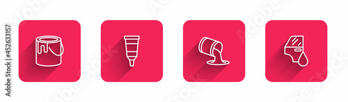 Set line Paint bucket, Tube with paint palette, and Car painting with long shadow. Red square button. Vector
