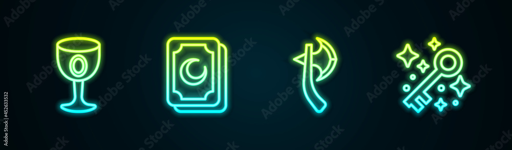 Set line Medieval goblet, Tarot cards, Wooden axe and Old magic key. Glowing neon icon. Vector Set line Medieval goblet, Tarot cards, Wooden axe and Old magic key. Glowing neon icon. Vector