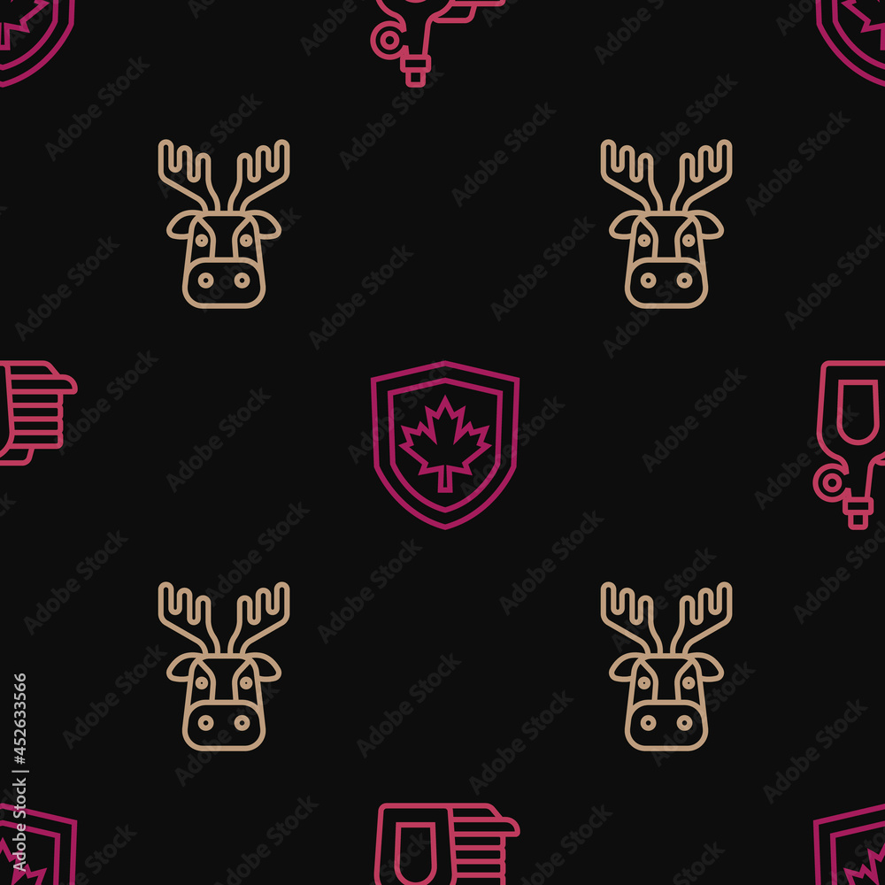 Set line Syrup with pancakes, Deer head antlers and Canada flag on shield on seamless pattern. Vector Set line Syrup with pancakes, Deer head antlers and Canada flag on shield on seamless pattern. Vector