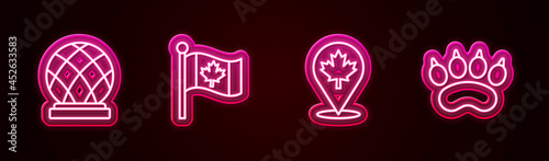 Set line Montreal Biosphere, Flag of Canada, Canadian maple leaf and Bear paw footprint. Glowing neon icon. Vector