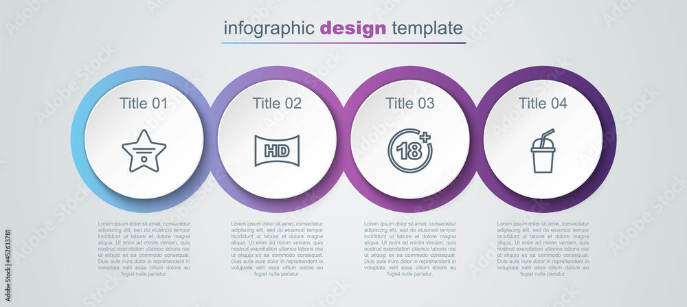 Set line Walk of fame star, Hd movie, tape, frame, Plus 18 and Paper glass with water. Business infographic template. Vector Set line Walk of fame star, Hd movie, tape, frame, Plus 18 and Paper glass with water. Business infographic template. Vector