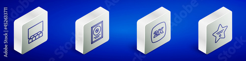 Set Isometric line Cinema auditorium with screen, CD disk award frame, 2k Ultra HD and Walk of fame star icon. Vector
