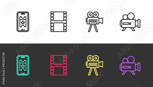 Set line Buy cinema ticket online, Play video, Retro camera and on black and white. Vector