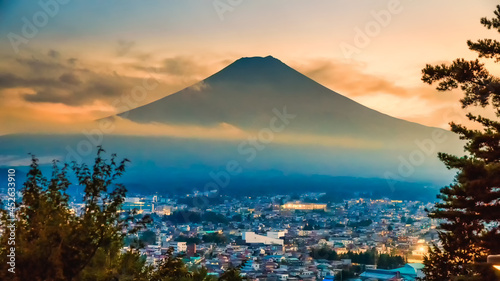 Misty Fuji Mountain in sunset time viewed from Chureito Pagoda  Fujiyoshida  Japan.