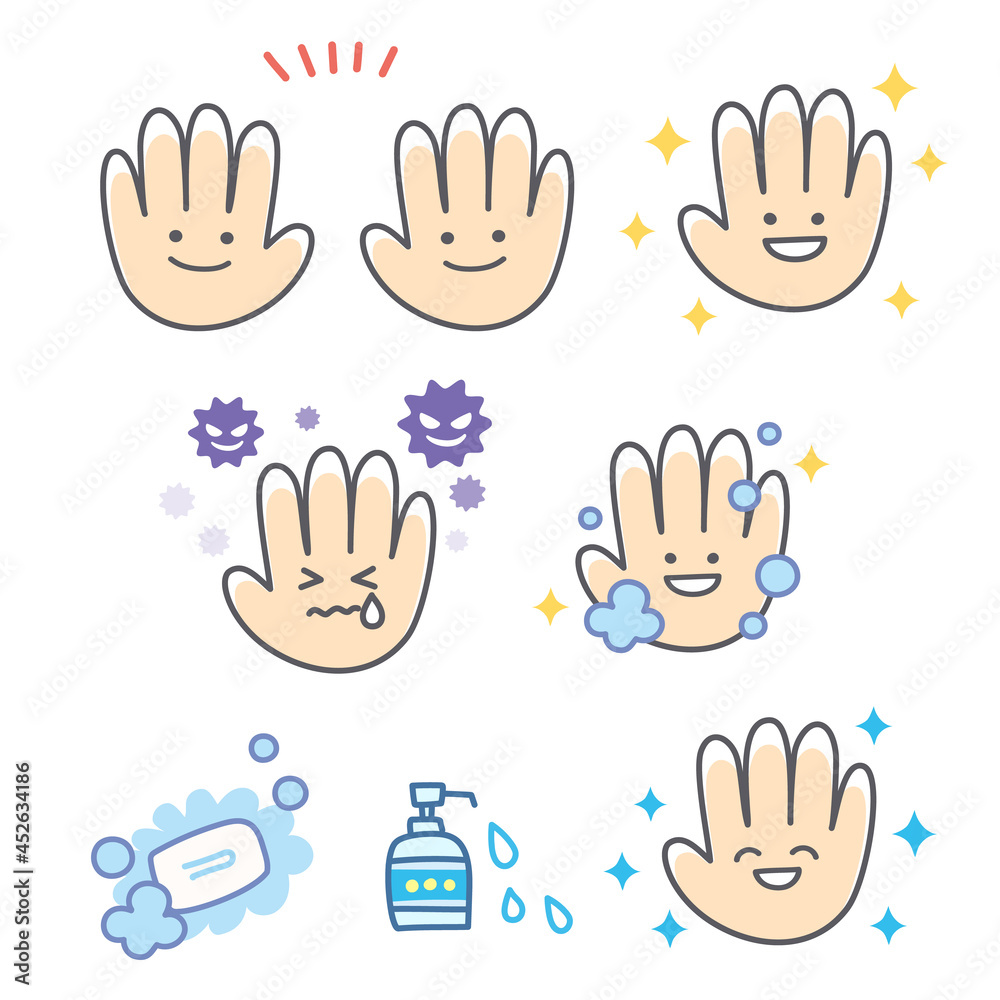 手洗いや消毒に関する手の表情セット