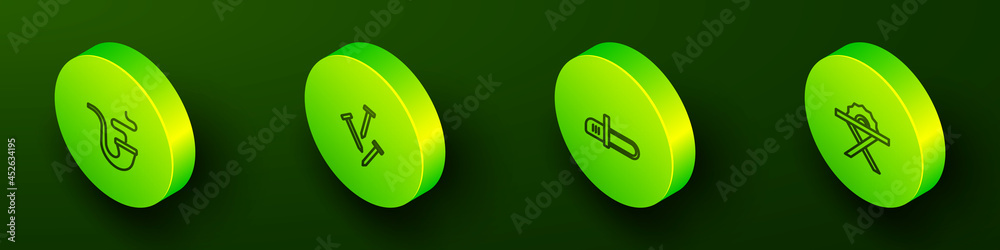 Set Isometric line Smoking pipe, Metallic nails, Chainsaw and Electric circular icon. Vector Set Isometric line Smoking pipe, Metallic nails, Chainsaw and Electric circular icon. Vector