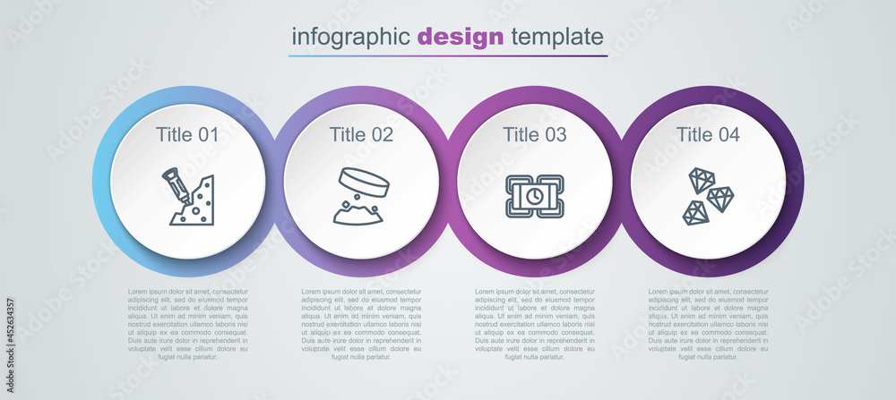 Set line Construction jackhammer, Giant magnet holding iron dust, Dynamite and Gem stone. Business infographic template. Vector Set line Construction jackhammer, Giant magnet holding iron dust, Dynamite and Gem stone. Business infographic template. Vector