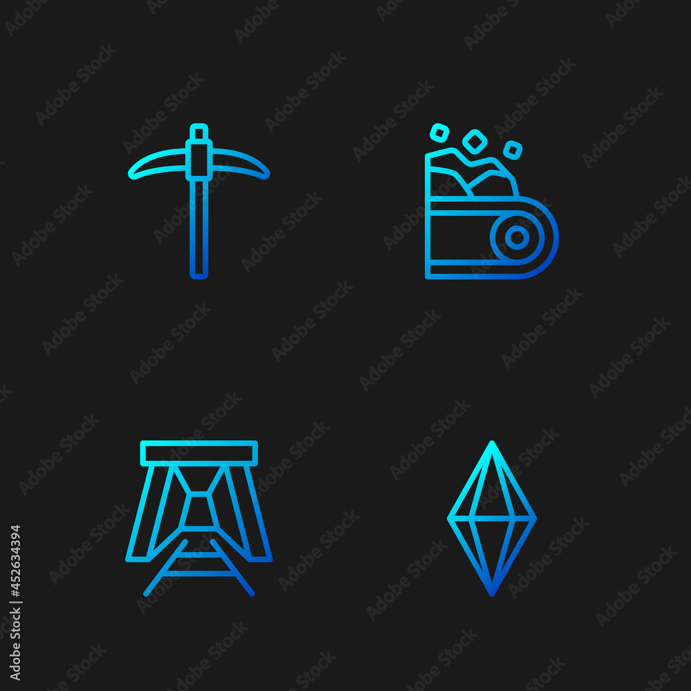 Set line Gem stone, Mine entrance, Pickaxe and Conveyor belt carrying coal. Gradient color icons. Vector Set line Gem stone, Mine entrance, Pickaxe and Conveyor belt carrying coal. Gradient color icons. Vector