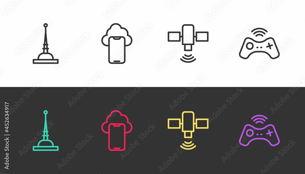 Set line Antenna, Cloud technology data, Satellite and Wireless gamepad on black and white. Vector Set line Antenna, Cloud technology data, Satellite and Wireless gamepad on black and white. Vector