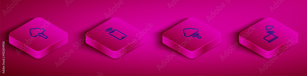 Set Isometric line Cloud upload, Mobile with wi-fi wireless, Network cloud connection and icon. Vector Set Isometric line Cloud upload, Mobile with wi-fi wireless, Network cloud connection and icon. Vector