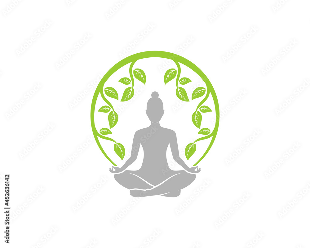 Woman meditation under nature leaf logo Woman meditation under nature leaf logo