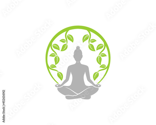 Woman meditation under nature leaf logo