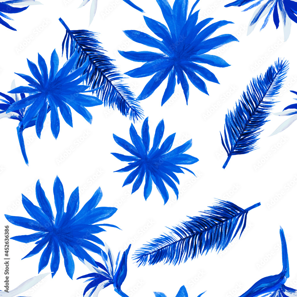 Cobalt Pattern Painting. Navy Seamless Hibiscus. White Tropical Art. Indigo Flower Illustration. Blue Floral Leaf. Wallpaper Textile. Decoration Textile.