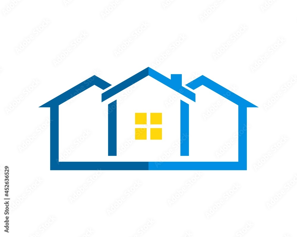 Three simple house in blue colors and yellow window Three simple house in blue colors and yellow window