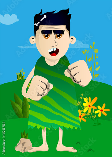 Cartoon prehistoric man holding his fists in front of him ready to fight. Vector illustration of a man from the stone age.