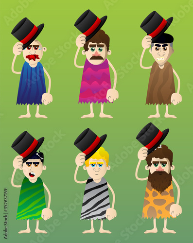 Cartoon prehistoric man tipping his hat. Vector illustration of a man from the stone age.