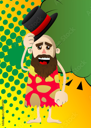 Cartoon prehistoric man tipping his hat. Vector illustration of a man from the stone age.