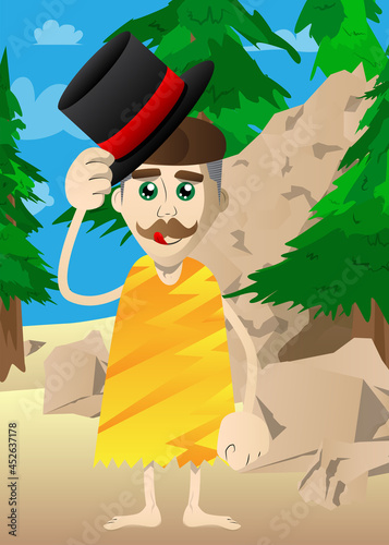 Cartoon prehistoric man tipping his hat. Vector illustration of a man from the stone age.