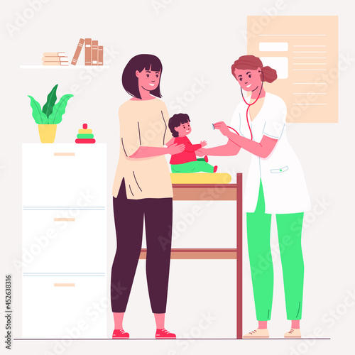 Pediatrician examines child. Medical reception clinic. Childrens medicine. Vector illustration
