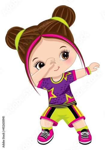 Cuter Little Girl Dabbing. Brunette Little Girl Dancing Hip Hop. Vector Dabbing Girl 