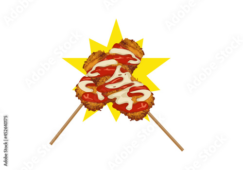 Isolated cheese corn dog fried with tomato sauce and mozzarella cheese on bamboo skewer. Korean street food. Asian food drawing vector illustration on yellow star and white background.