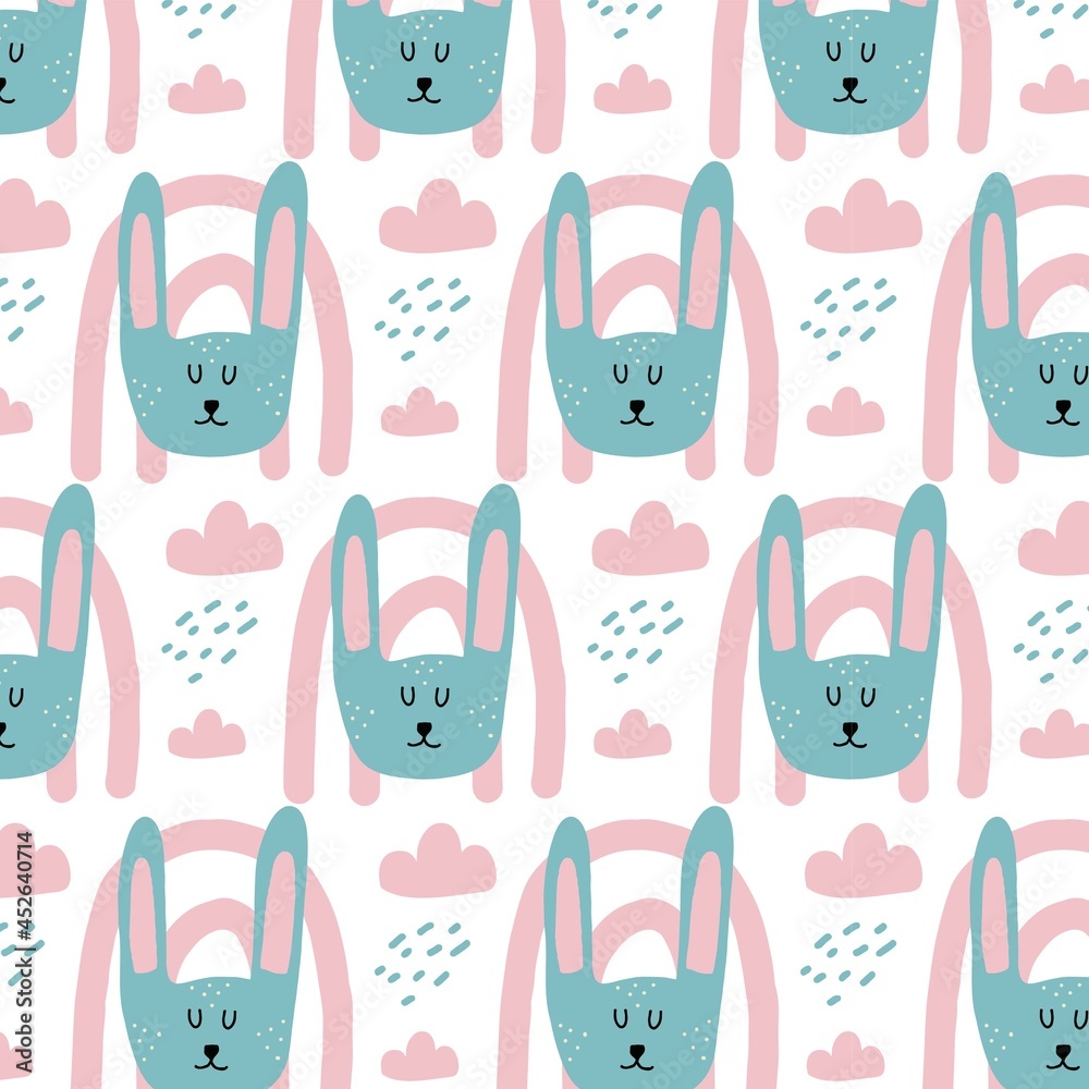 Childrens hand-drawn seamless pattern with a rabbit. Pattern with a cute rabbit head and a rainbow. The pattern is suitable for fabrics, cards, prints, and wrapping paper.