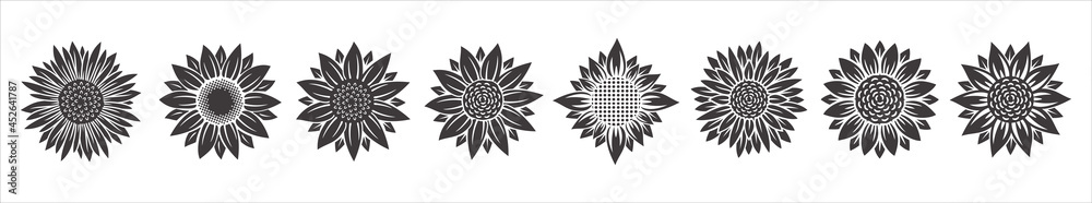 Sunflower blossom vector illustration set. Sunflower, aster, marigold flower illustration design set. Black color Sunflower blossom vector illustration set. Sunflower, aster, marigold flower illustration design set. Black color