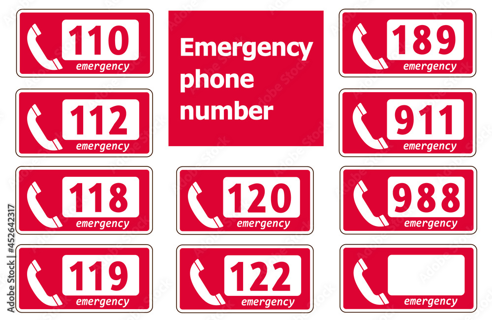 110, 112, 118, 119, 120, 189, 911, 988, 999, Emergency phone number 10 pieces USA EU Japan.　landscape background.