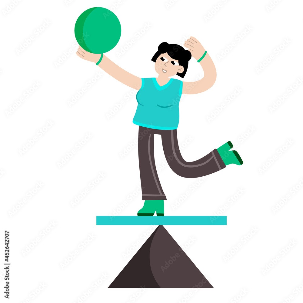 Woman balancing on geometric figure. Concept of problem solving and multitasking. Circus and yoga. Balance in life. Flat cartoon illustration Woman balancing on geometric figure. Concept of problem solving and multitasking. Circus and yoga. Balance in life. Flat cartoon illustration