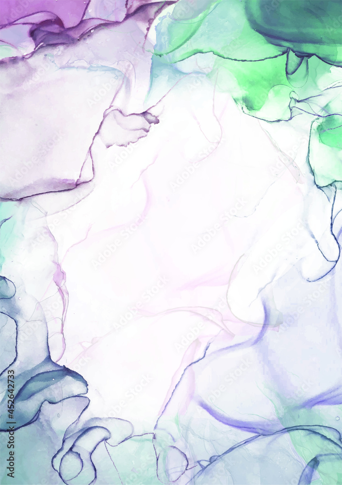 Lilac-green watercolor liquid painting vector design postcard. Magic marble geode frame. An invitation to a wedding. The texture of a petal or veil. The style of a splash of paint. Alcohol ink. Isolat