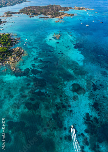View from above, stunning panoramic view of La Maddalena Archipelago with its turquoise, crystal clear water. Giardinelli Island in the distance. Sardinia, Italy.