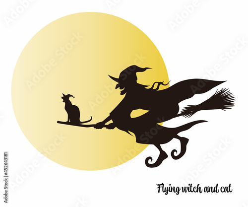 箒に乗って空を飛ぶ魔女のイラストカット べクター ハロウィン 黒猫 満月