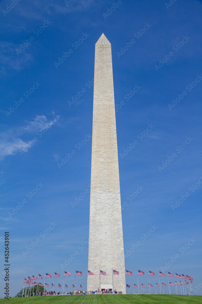 View of the Washington Monument during the day with a blue sky background
