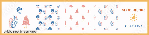 Whimsical style block print shape squirrel pattern set. Seamless lino cut retro all over print collection. Trendy playful baby nursery decor, scandi fashion, decorative lino cut. Vector swatch. 