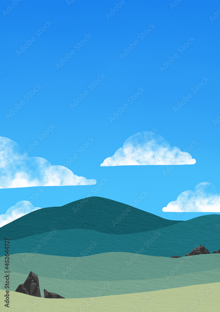 Meadow green grass ,rock and sky illustration background for decoration on natural of countryside concept.