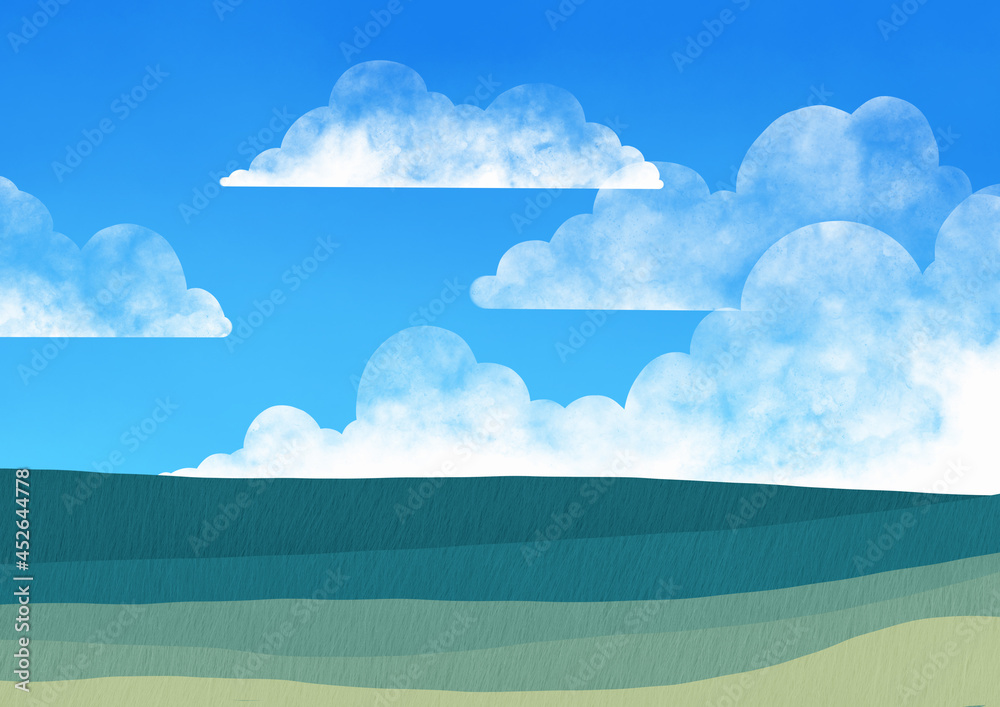 Meadow green grass and sky illustration background for decoration on natural of countryside concept.