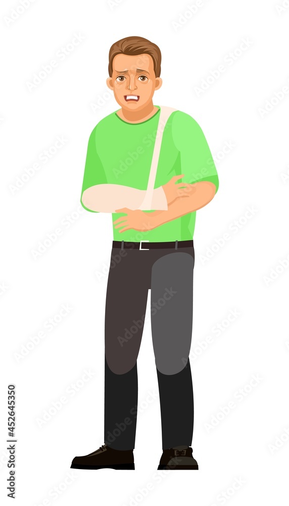 Fototapeta premium Guy is sick. Fracture of arm, plaster applied. Young handsome boy. Sad. In jeans and T-shirt. Painfully. Single is worth it. Cartoon flat style. Illustration isolated on white background. Vector.