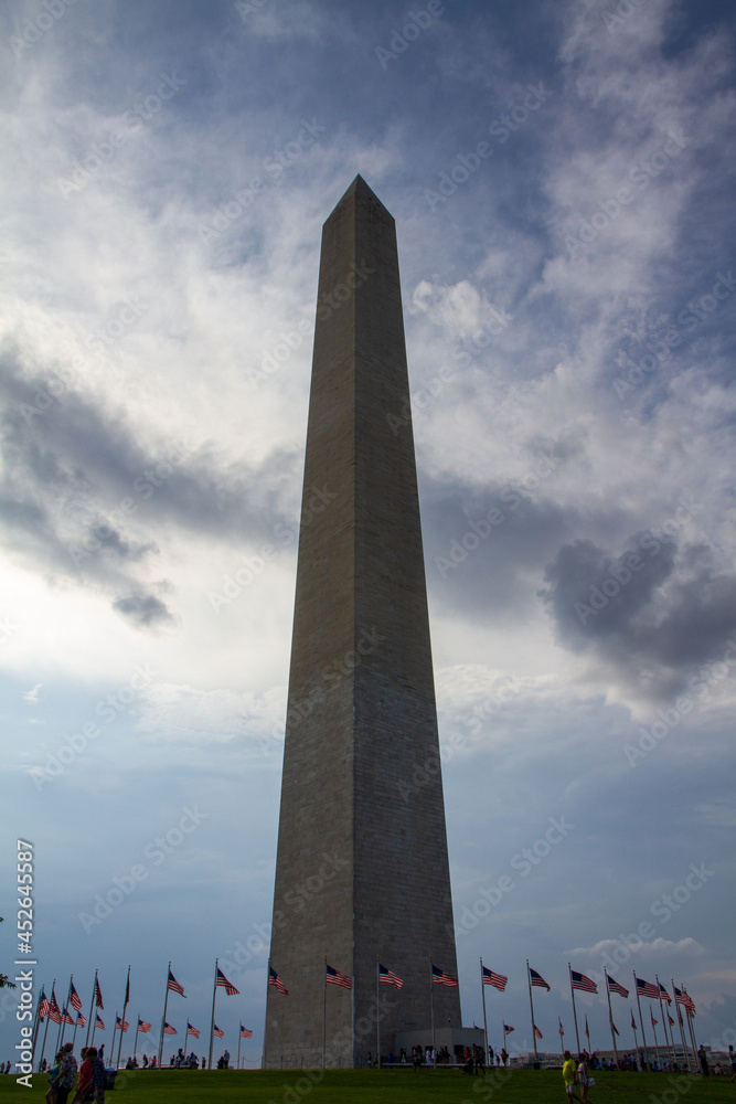 View of the Washington Monument at night as the sun is setting