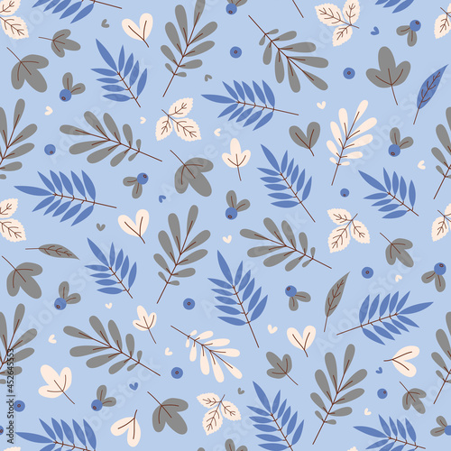 Seamless pattern from leaves of rowan and lingonberry berries. The foliage in blue, green and white. Calm autumn or winter background. Vector illustration. 