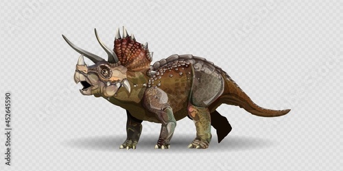 realistic Triceratops Dinosaur Of Jurassic Period, Prehistoric Extinct Giant Reptile Cartoon Realistic Animal on a transparent background. Vector illustration with simple gradients. © executioner4